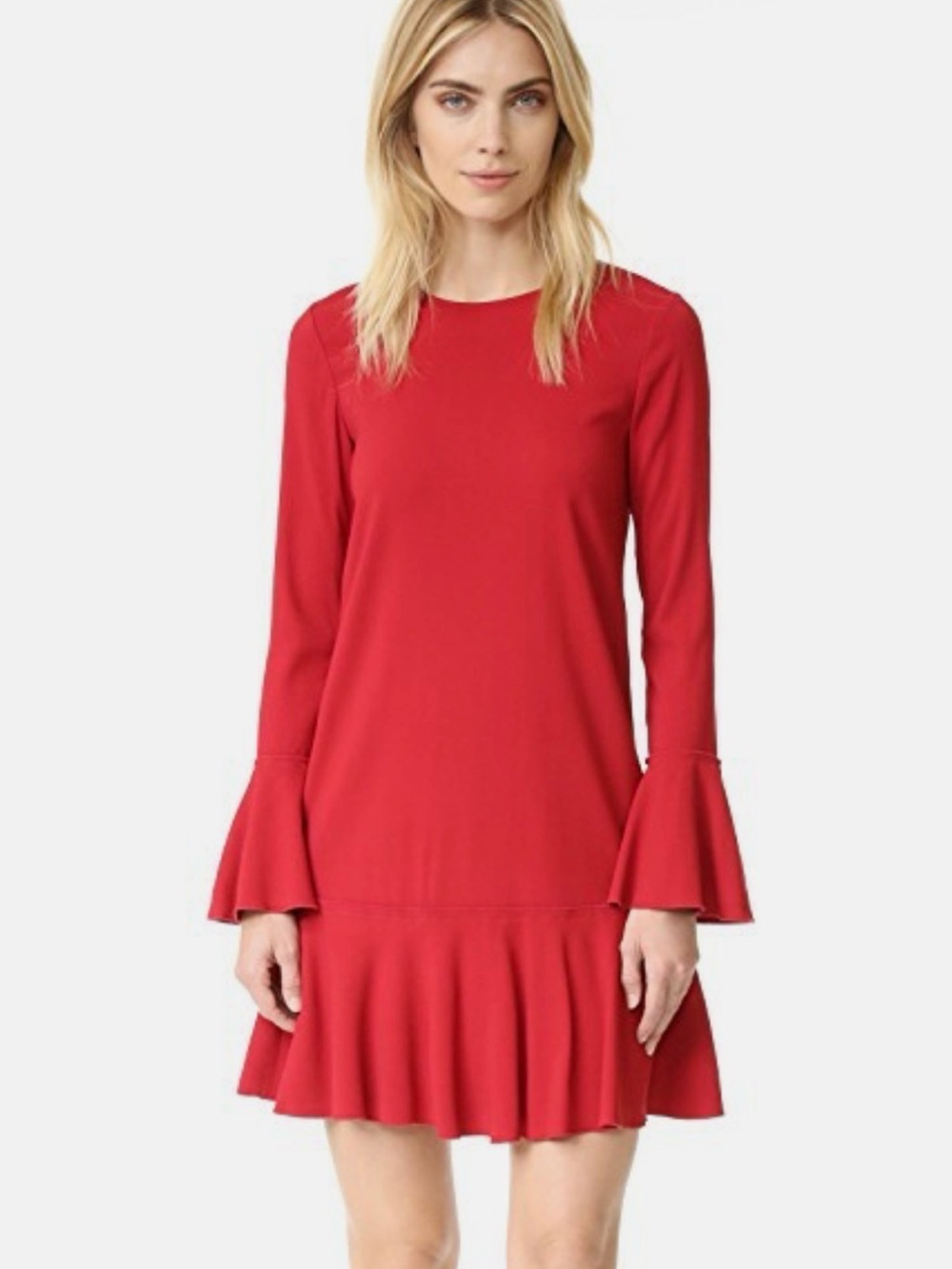 Theory Red Long-Sleeve Flounce-Hem Mini Dress